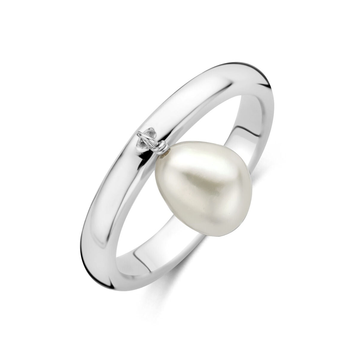 Ring aus rhodiniertem 925er Silber mit einer weißen Perle und einem kleinen Stein.
