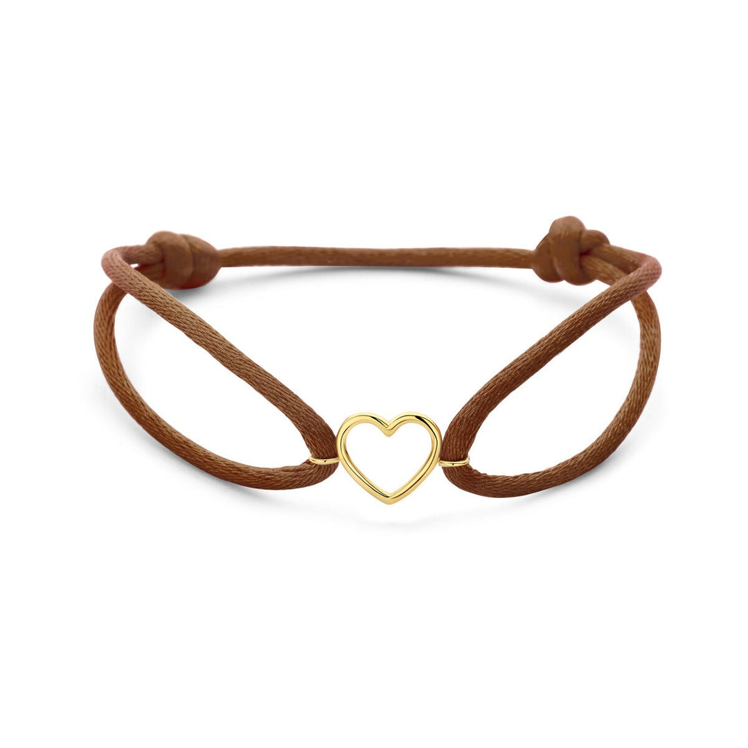 Bruine satijnen dames armband met 14k geelgouden hartje – Subtiel liefdessymbool in warme tinten