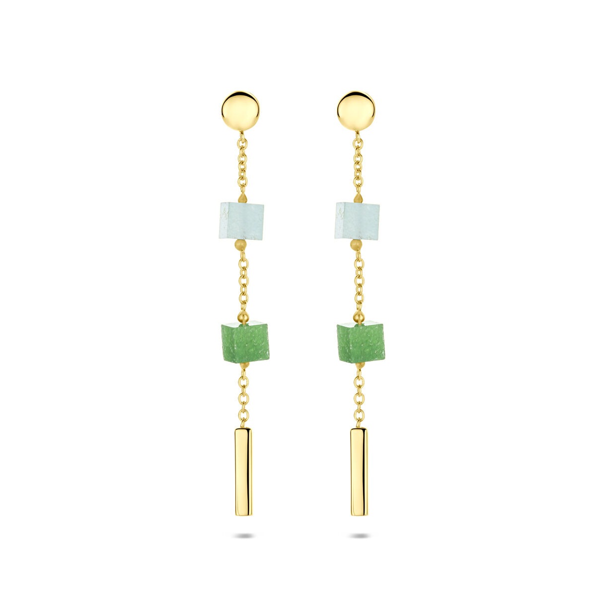 Goldene 14k Ohrringe mit blauen und grünen Quarzit, hängendes Design mit goldenen Stäben