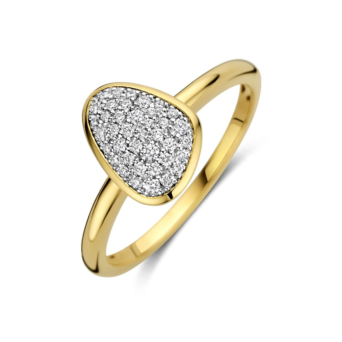 Damenring aus 14k Bicolor mit diamantiertem, dreieckigem Zifferblatt und glattem, goldenem Band