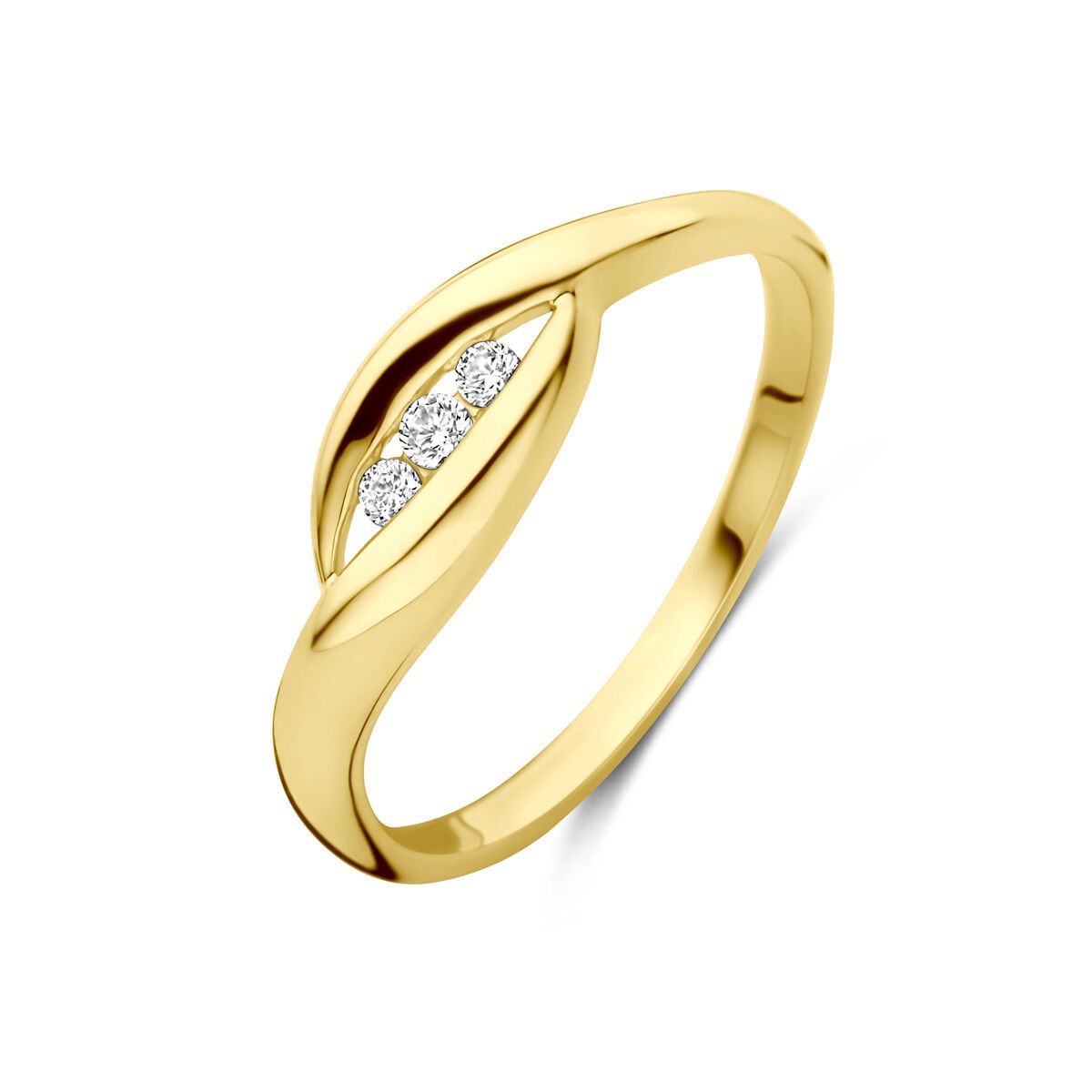 Damenring aus 14k Gelbgold mit Zirkonia, geschwungene Form und funkelnden Steinen