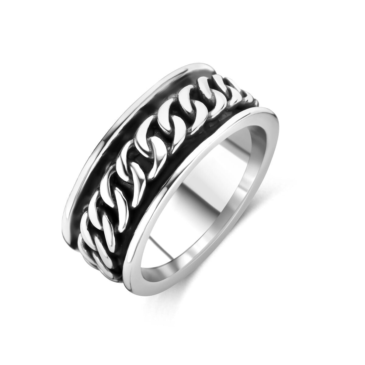 Robuste Herrenring aus oxidiertem 925 Silber mit charaktervoller Kettenoptik und glänzender Oberfläche