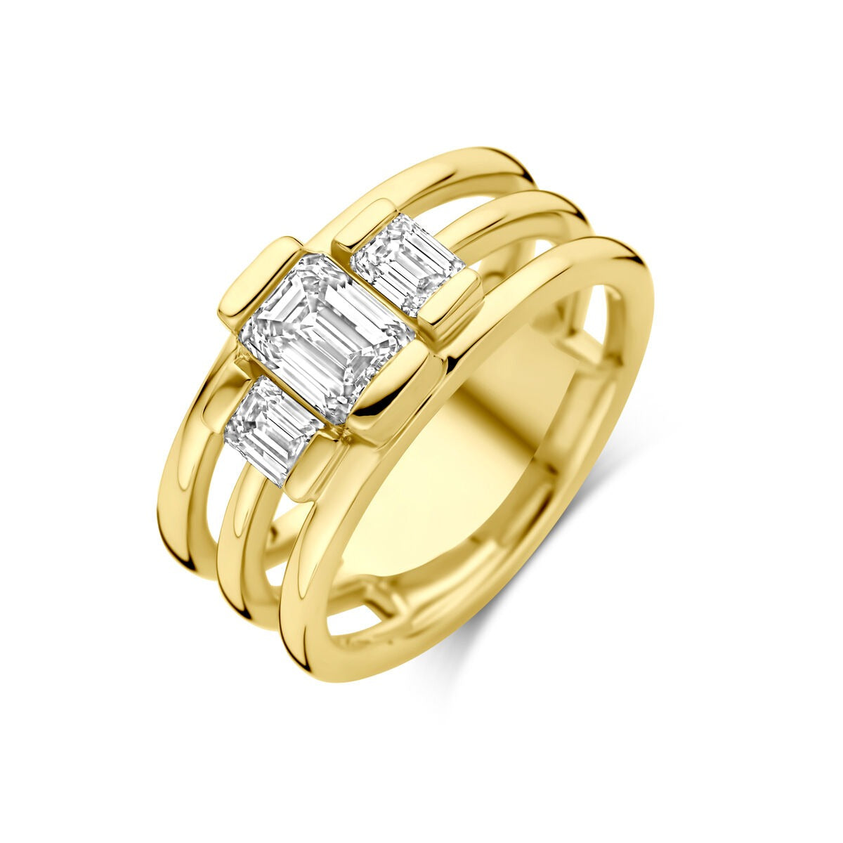 Damenring aus 14k Gelbgold mit 1,50 ct lab-grown Diamant, rechteckiger und baguetteförmiger Schliff