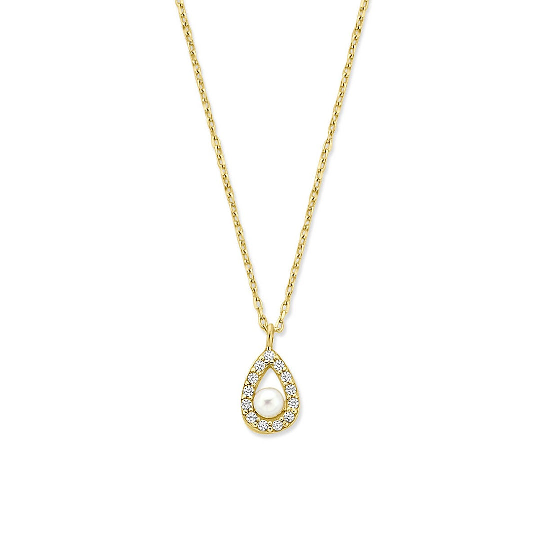 14k geelgouden ketting met parel en zirkonia