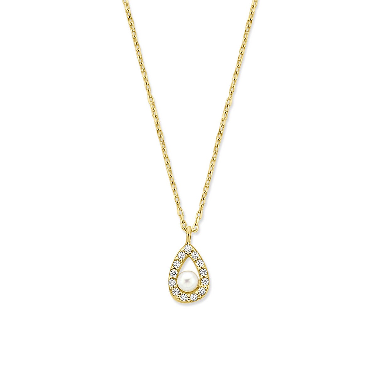 Halskette aus 14k Gelbgold mit tropfenförmigem Anhänger, einer Perle und Zirkonia-Steinen