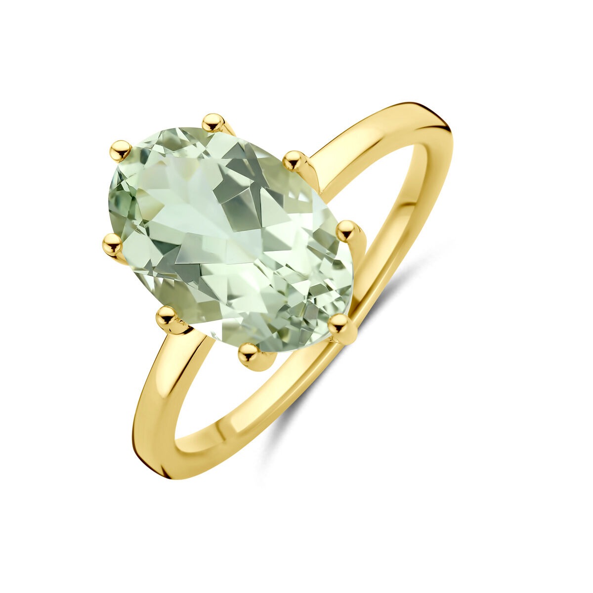 Ring aus 14k Gelbgold mit ovalem, grünem Amethyst in sechs Krappen gefasst