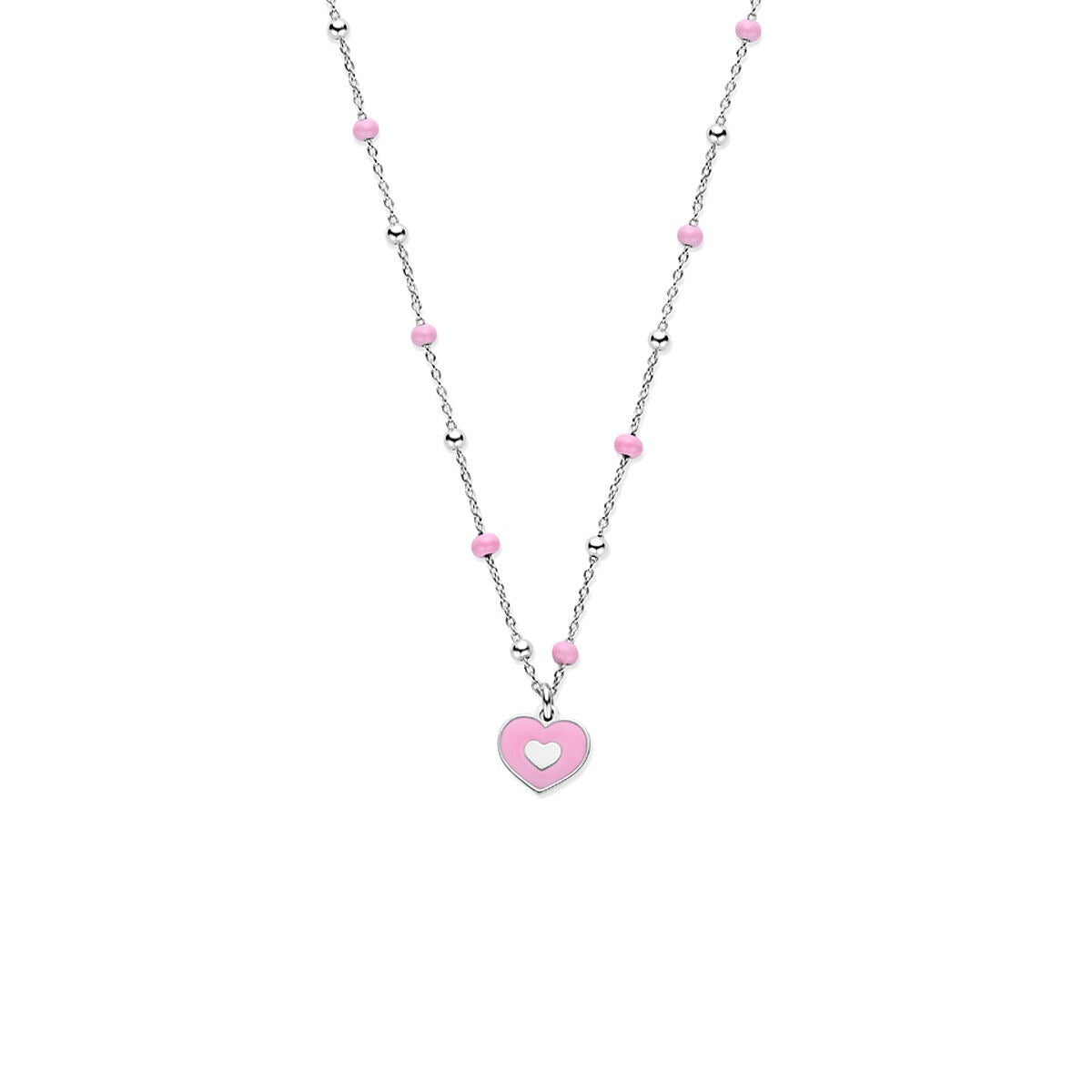 Silberne Kette mit herzförmigem Anhänger und rosa Perlen, Länge 36 + 4 cm