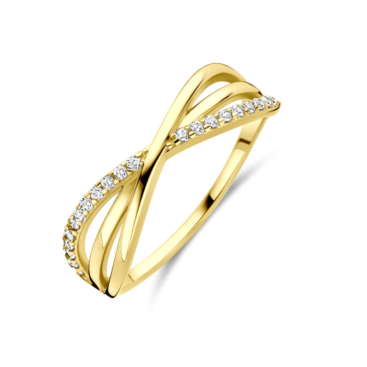 Damenring aus 14k Gelbgold mit Zirkonia, geschwungene Form und funkelnden Steinen