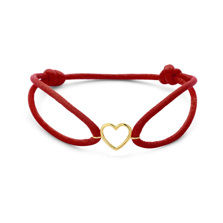 Rood satijn armband met 14k geelgouden hartje