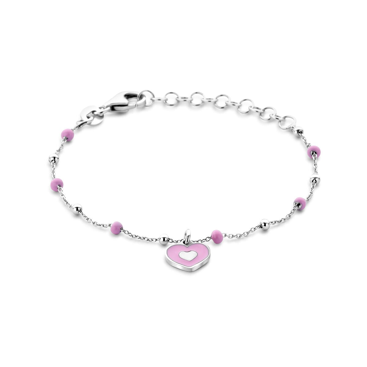 Silberne Baby-Armband mit pinkem Herzanhänger und kleinen bunten Perlen, 13 + 3 cm verstellbar