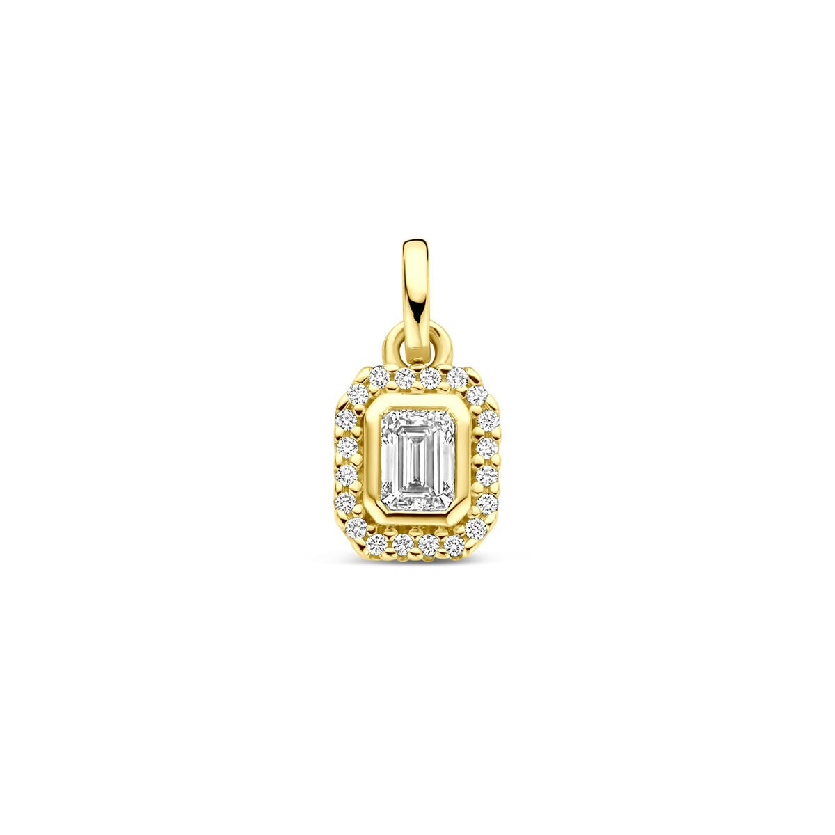 Hänger aus 14k Gelbgold mit einem smaragdgeschliffenen Diamanten und umlaufenden kleinen Diamanten