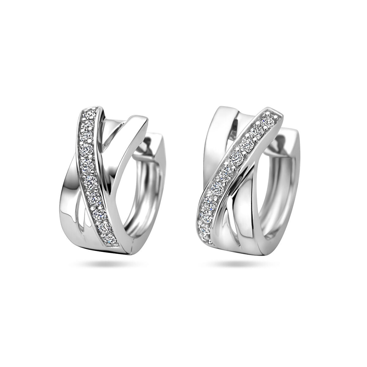 Set aus rhodiniertem 925 Silber mit Klapp-Ohrringen und Zirkonia-Steinen in geschwungener Form