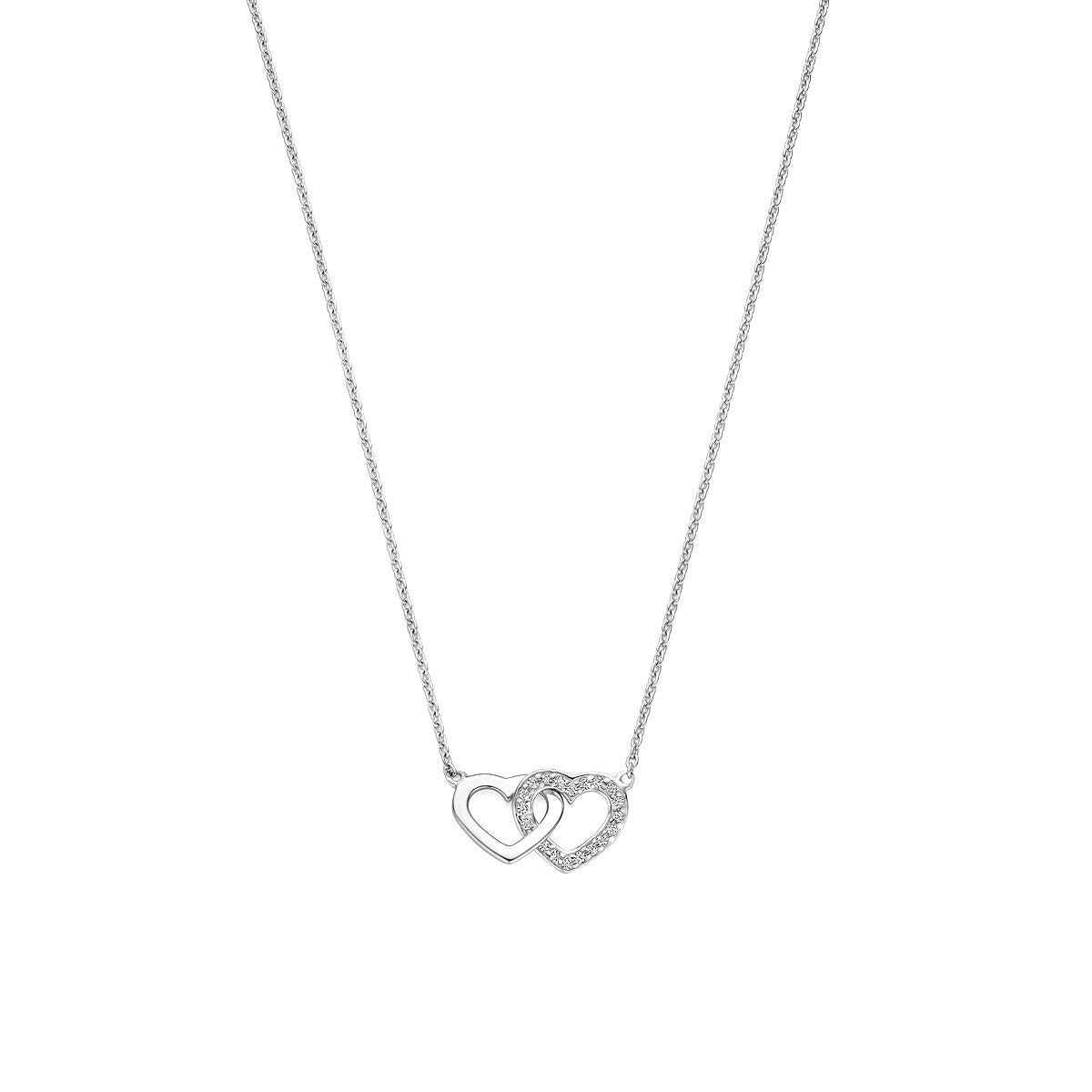 Gerhodineerd 925 zilveren collier met twee hartjes en zirkonia