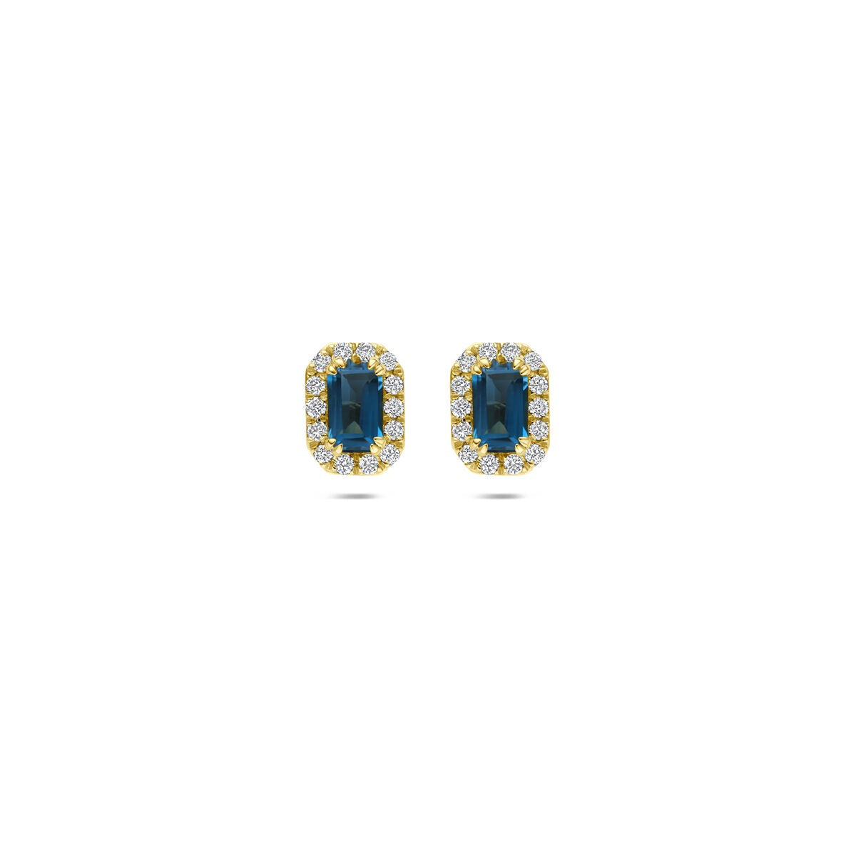 Ohrstecker aus 14k Gelbgold mit London blue Topas und lab-grown Diamanten, rechteckige Form mit Steinfassung