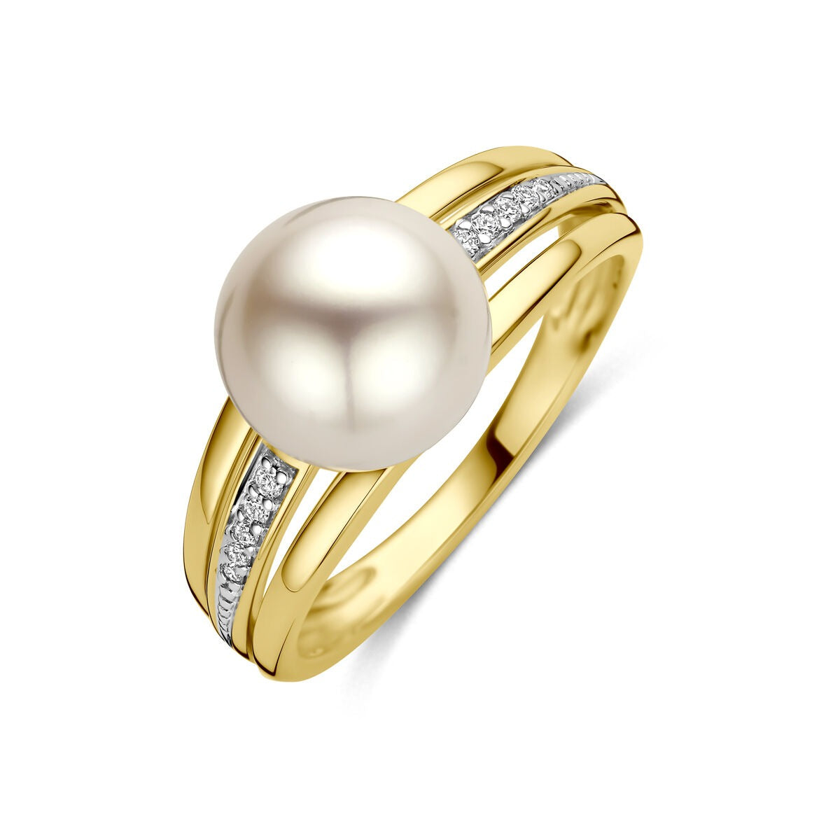 Ring aus 14k Gelbgold mit einer Perle und Diamanten in der Fassung