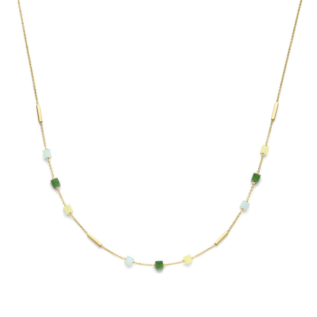 Goldenes Collier aus 14k mit blauen und grünen Quarzit, feine Gliederkette mit bunten Steinen
