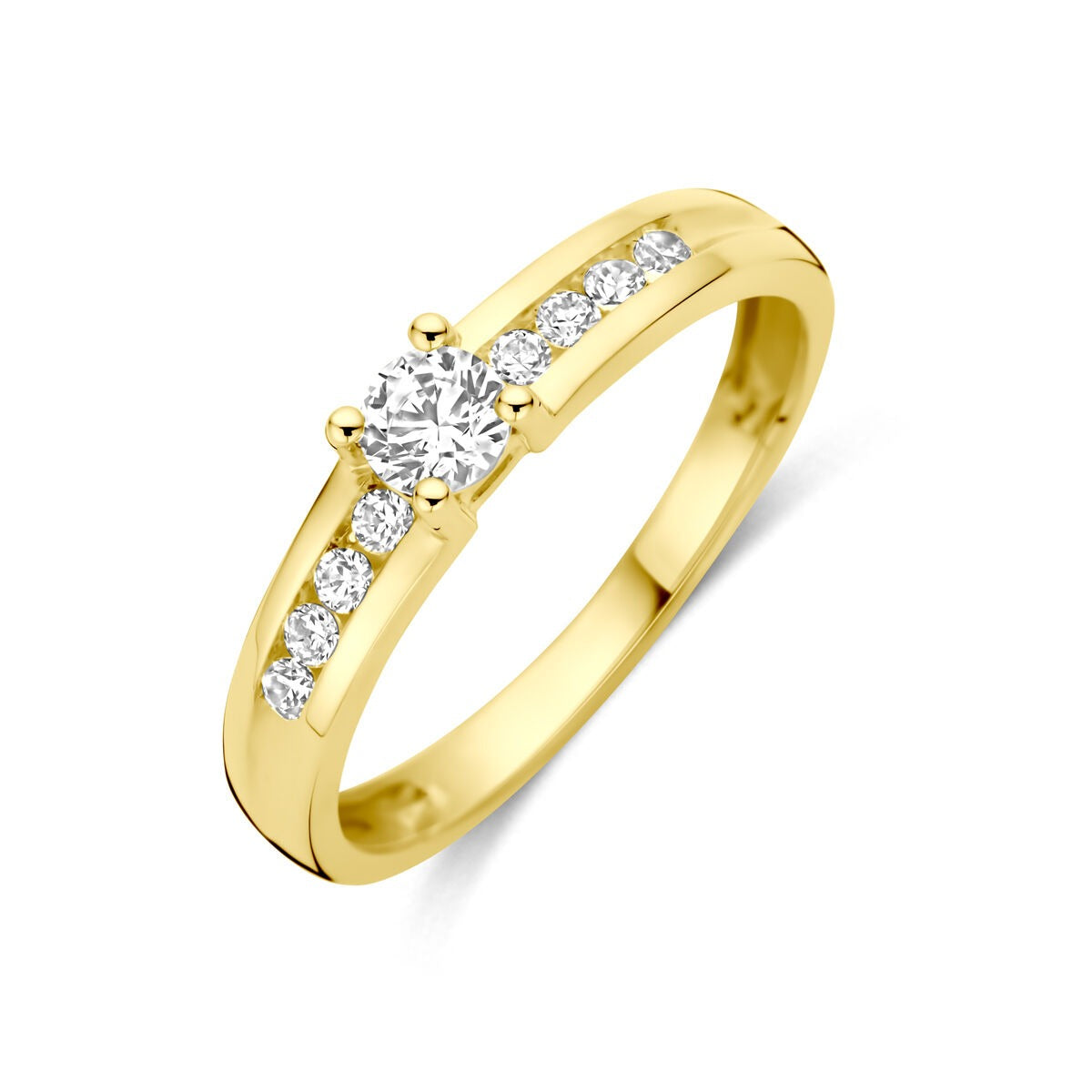 Antragsring aus 9 Karat Gelbgold mit Zirkonia, 4 mm breit und rundem Hauptstein.