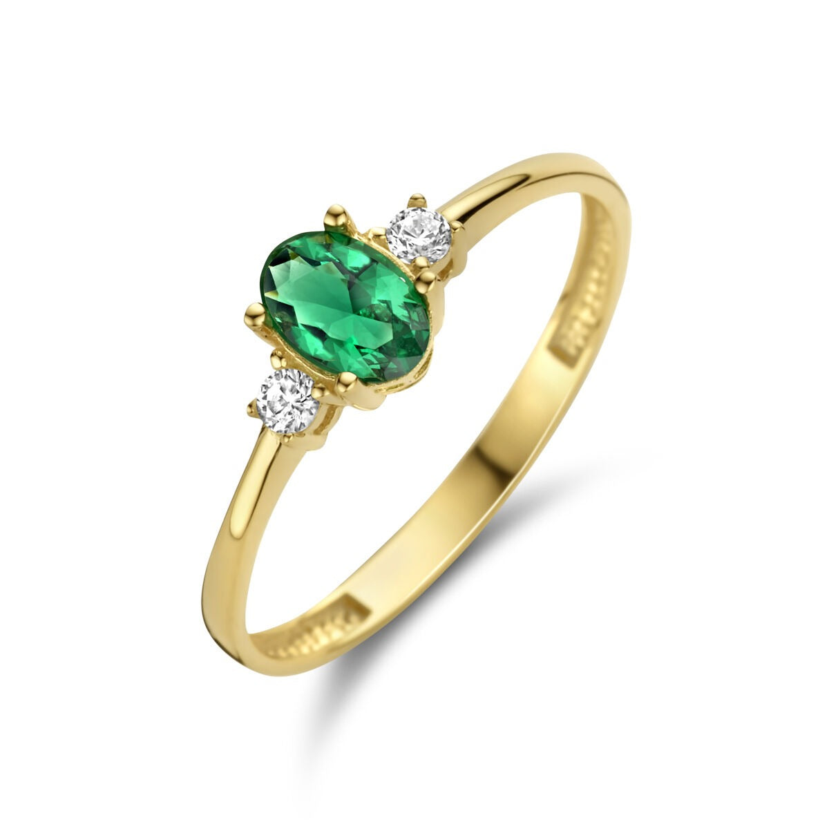 Ring aus 14k Gelbgold mit oval geschliffenem grünen Zirkonia und zwei weißen Zirkonia.