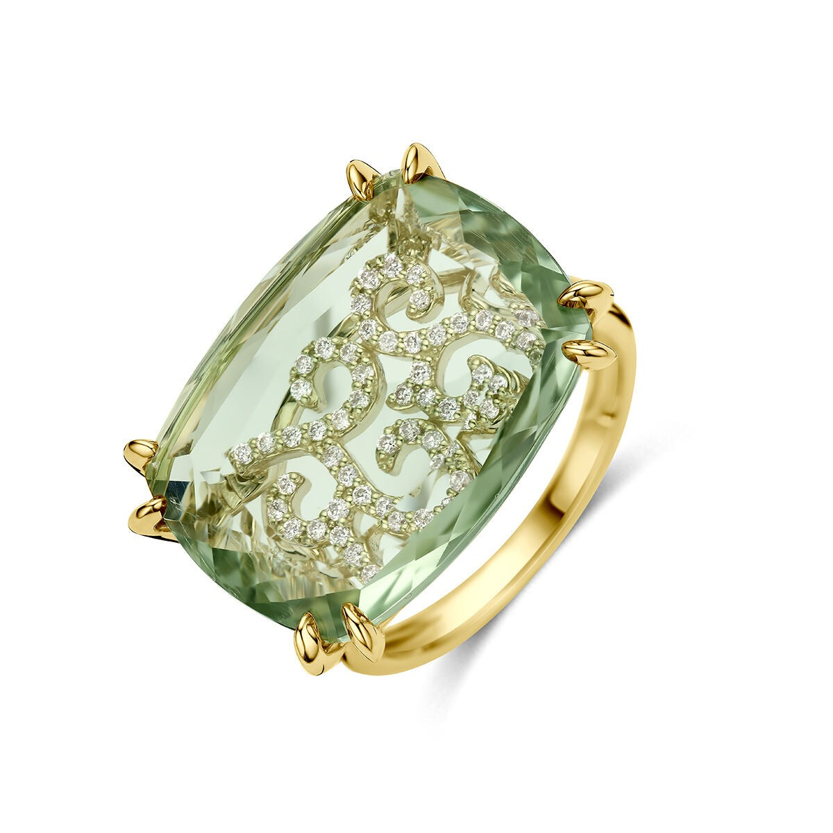 Ring aus 14k Gelbgold mit grünem Amethyst und Diamanten im ovalen Design