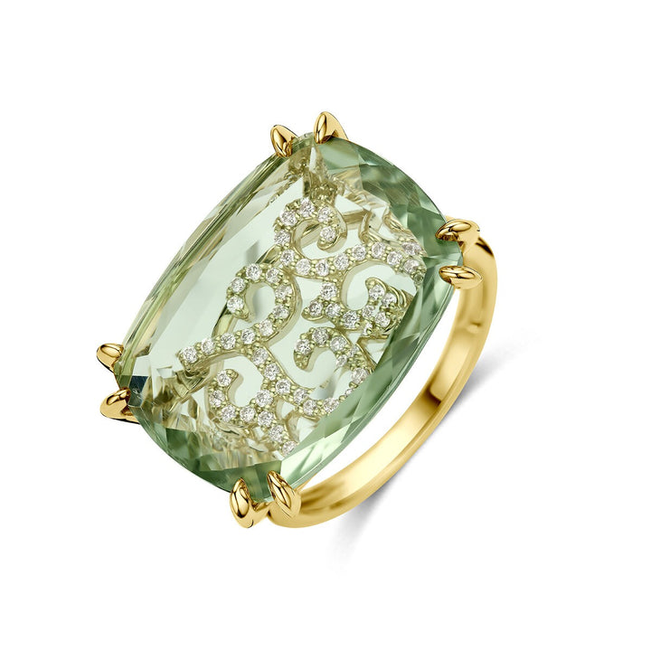 14k Geelgouden ring met groene amethist en diamant