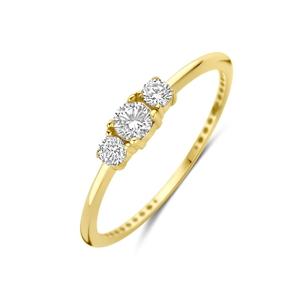 Damenring aus 9 Karat Gelbgold mit drei Zirkonia, 3,5 mm breit
