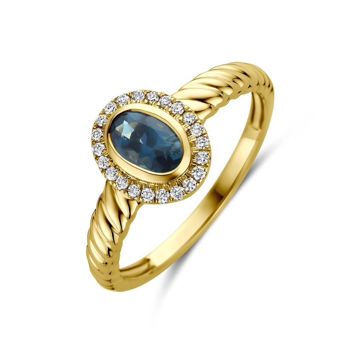 Ring aus 14k Gelbgold mit ovalem London Blue Topas und umgeben von kleinen Diamanten
