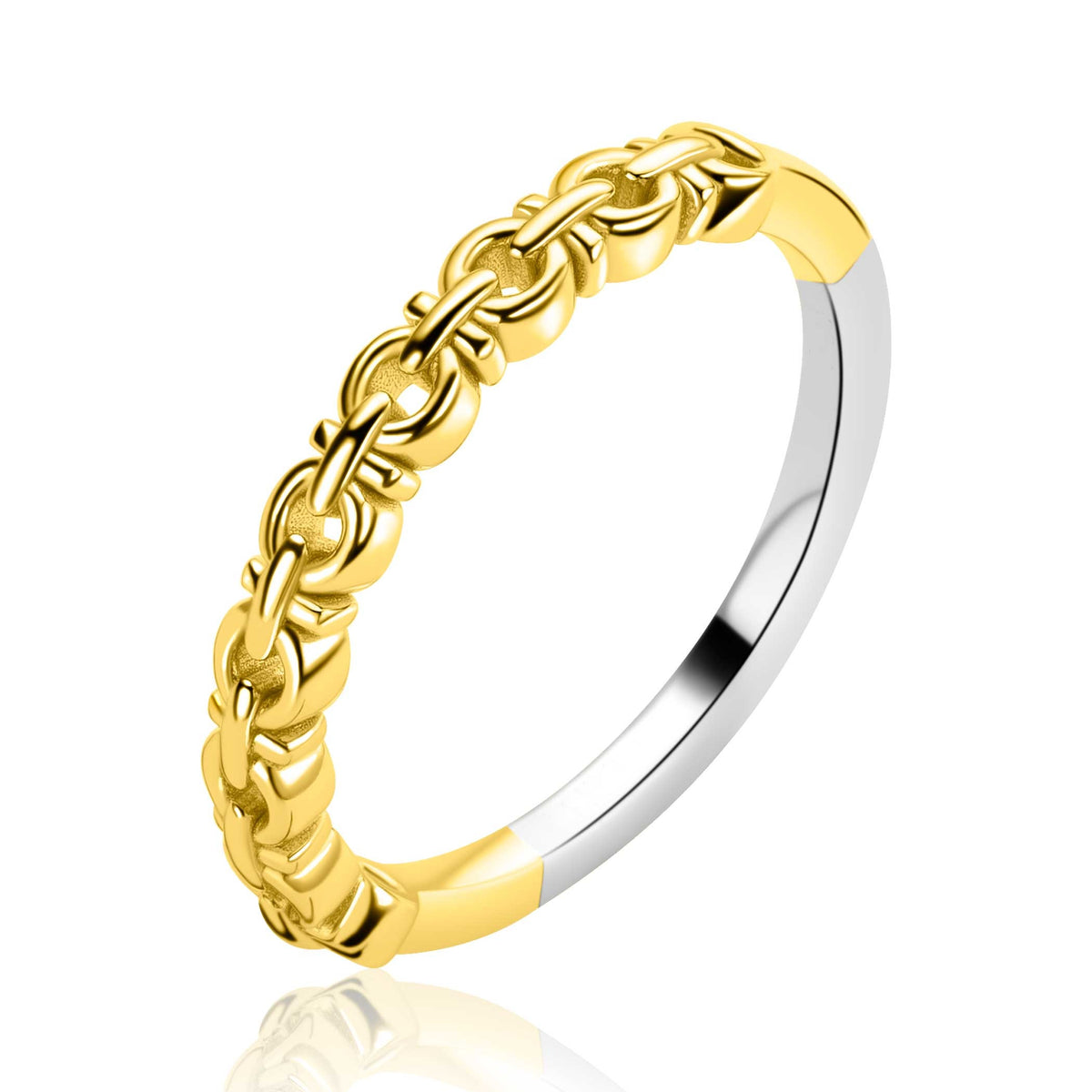 Ring aus vergoldetem Metall mit glänzender, geschwungener Kettenstruktur und silbernem Detail