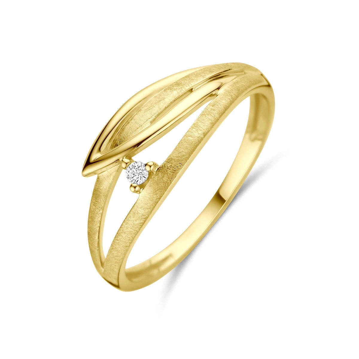Damenring aus 14k Gelbgold mit diamantbesetztem, geschwungenem Design und 7 mm Breite