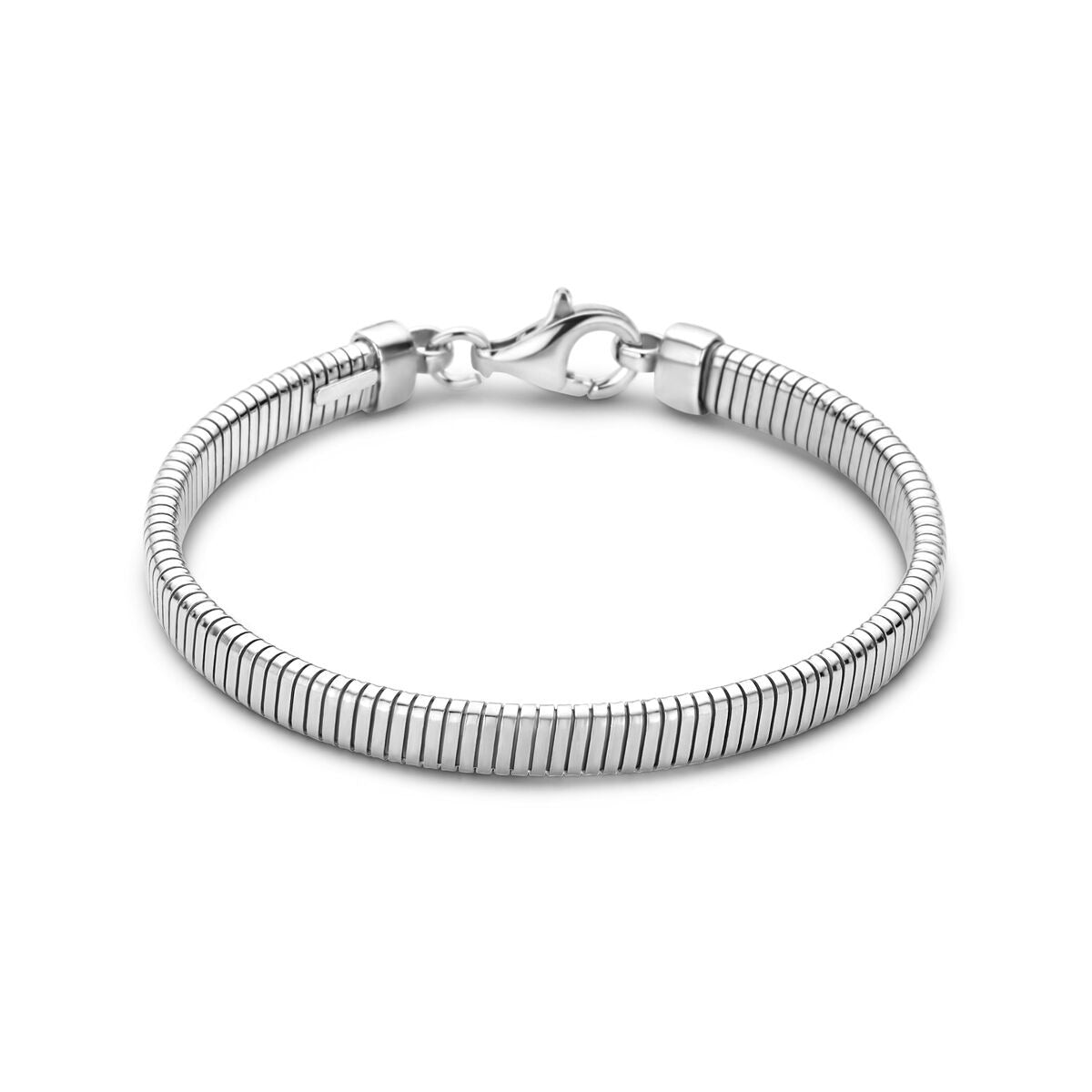 Silbernes Omega Schakelarmband aus rhodiniertem 925 Silber mit feiner, gestreifter Oberfläche