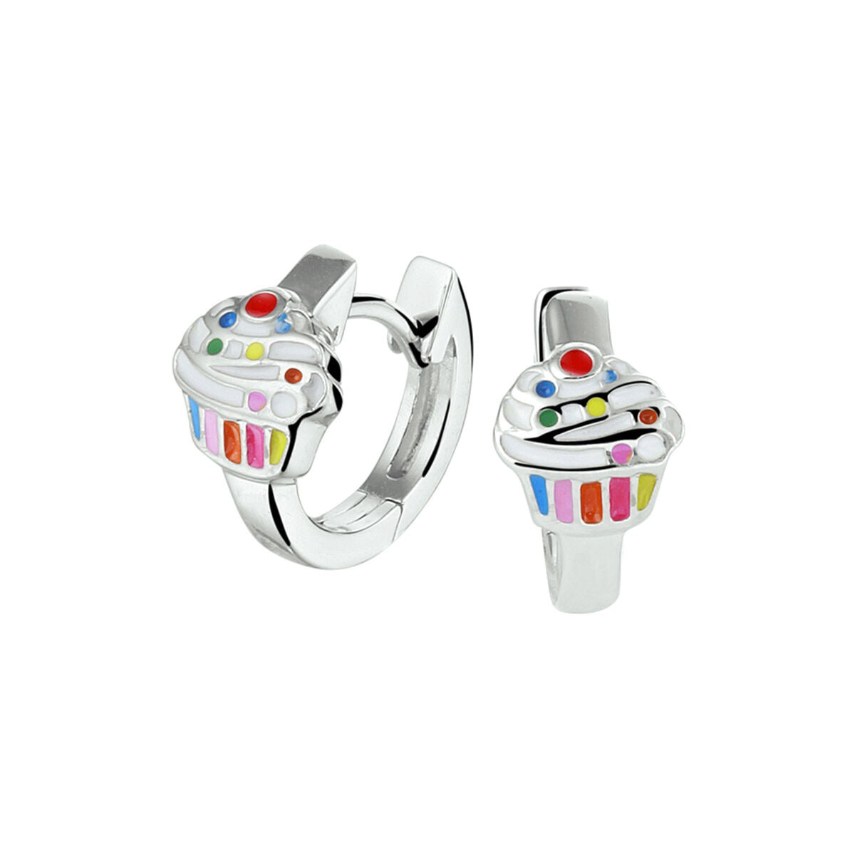 Gerhodineerte silberne Kinderohrringe mit buntem Emaille-Cupcake-Dekor