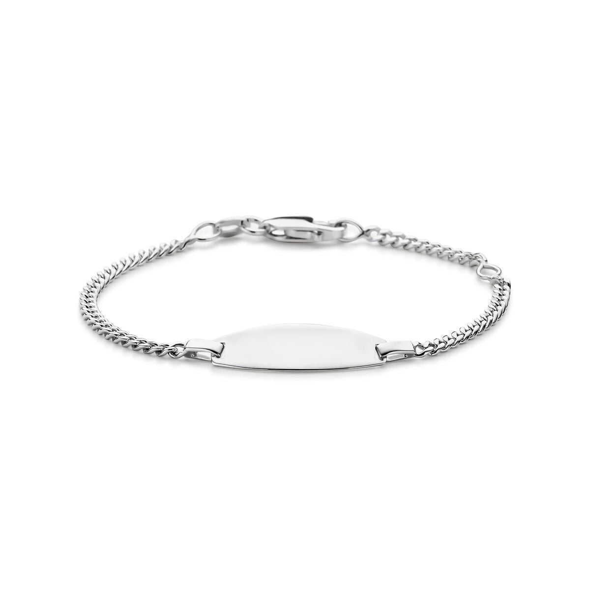 Silbernes Babyarmband mit Gourmette-Schaltung und gravierbarem Plättchen, 11 - 13 cm lang