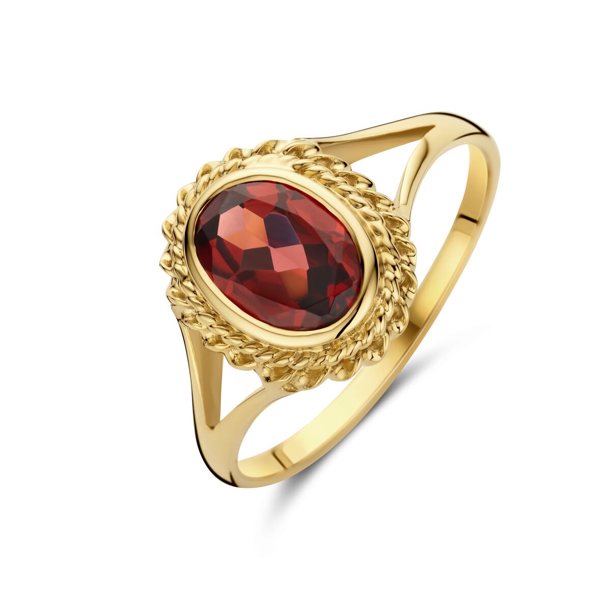 Ring aus 14k Gelbgold mit ovalem, facettiertem Granat und dekorativem Rand