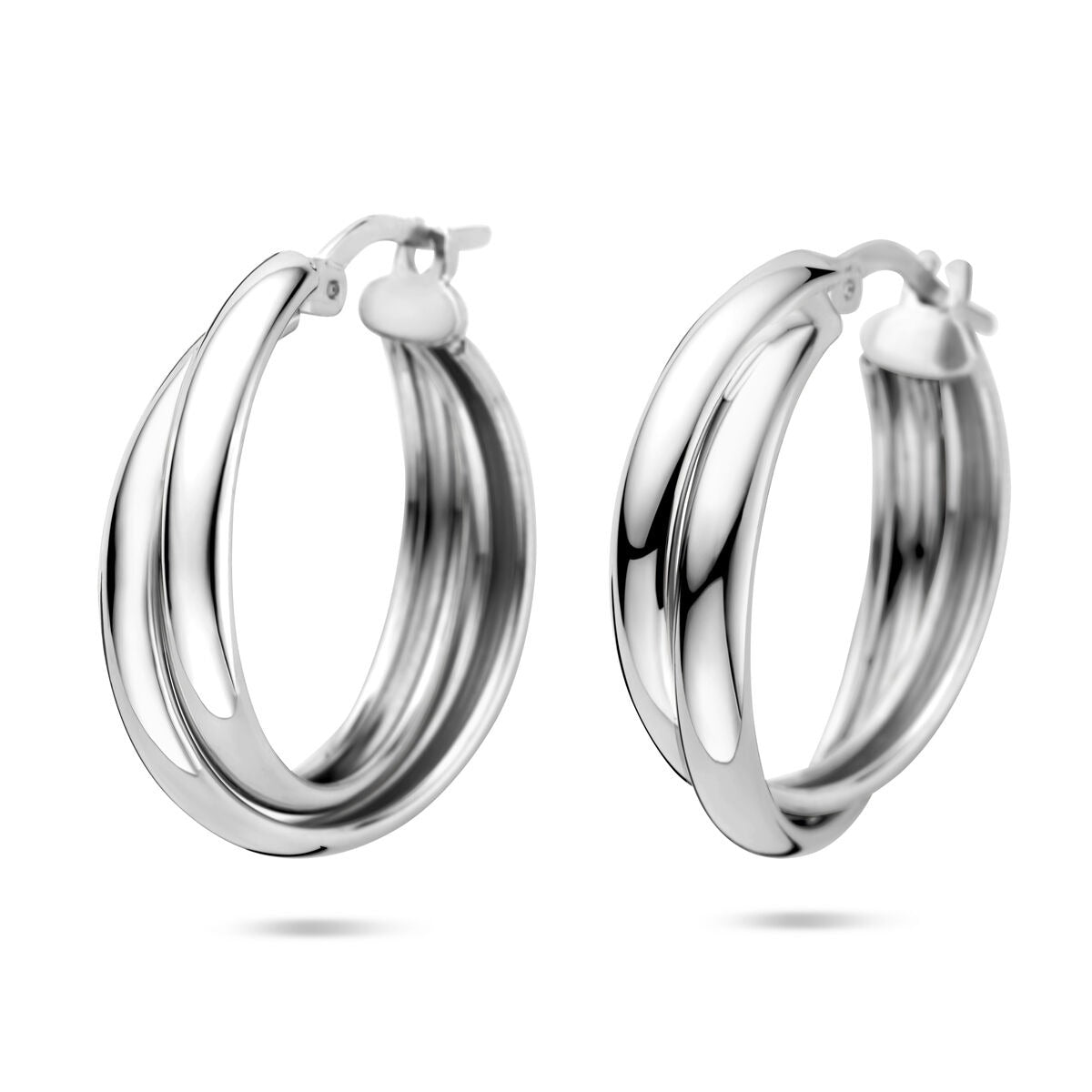 Zwei rhodinierte 925 Silber-Ohringe mit geschwungenem Design und glänzender Oberfläche