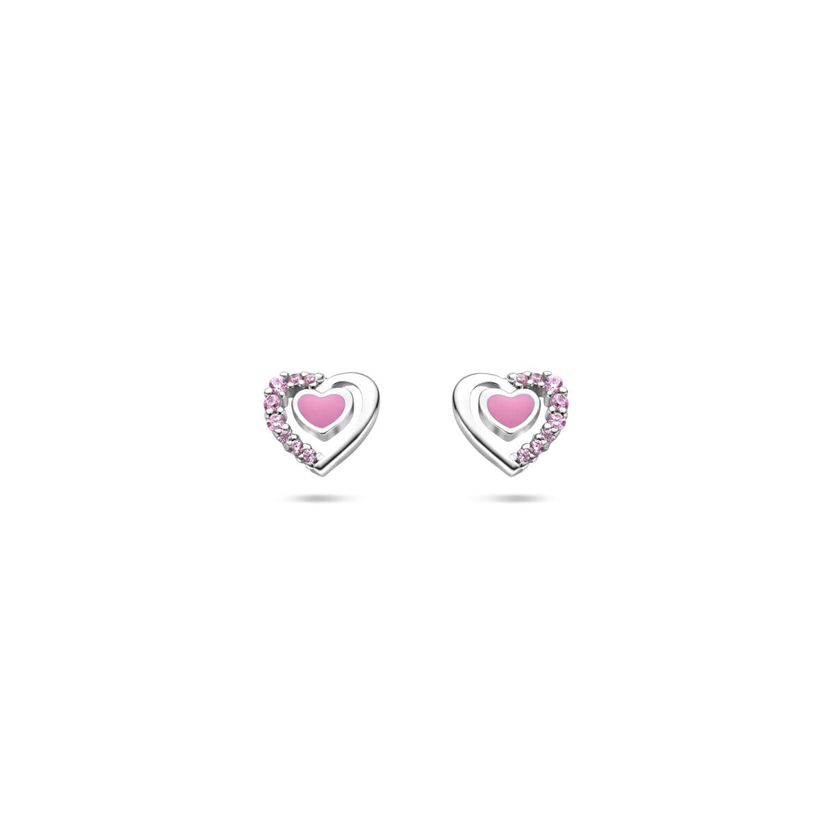 Silberne Kinder-Ohrstecker in Herzform mit rosa Zirkonia und glitzerndem Rand