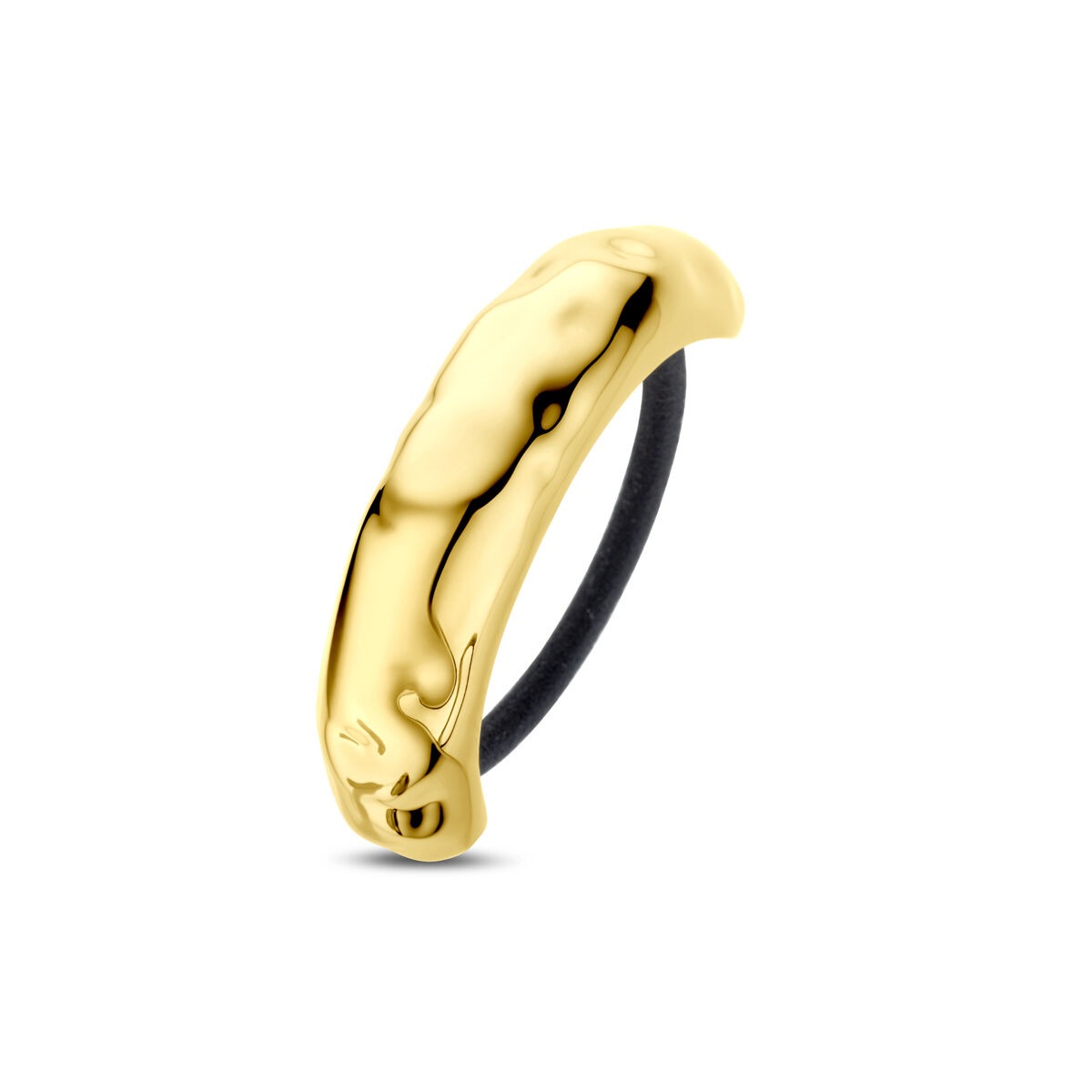 Haarcuff aus goldfarbenem Stahl mit schwarzem Gummiband und gewellter Oberfläche