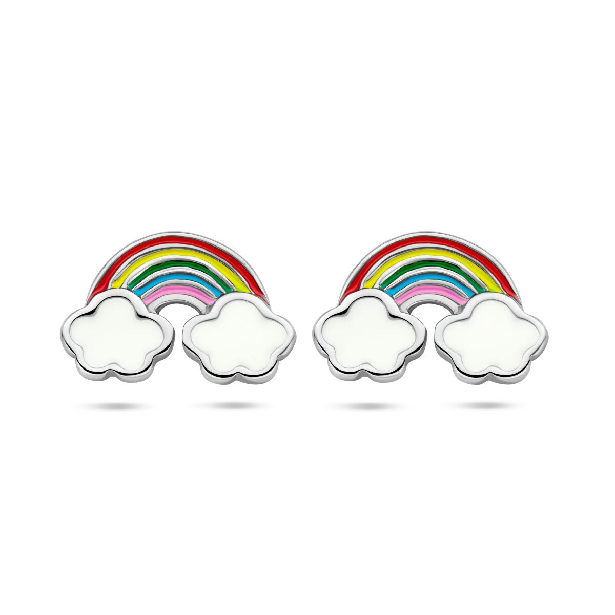 Ohrstecker aus rhodiniertem Silber mit buntem Regenbogen und weißen Wolken