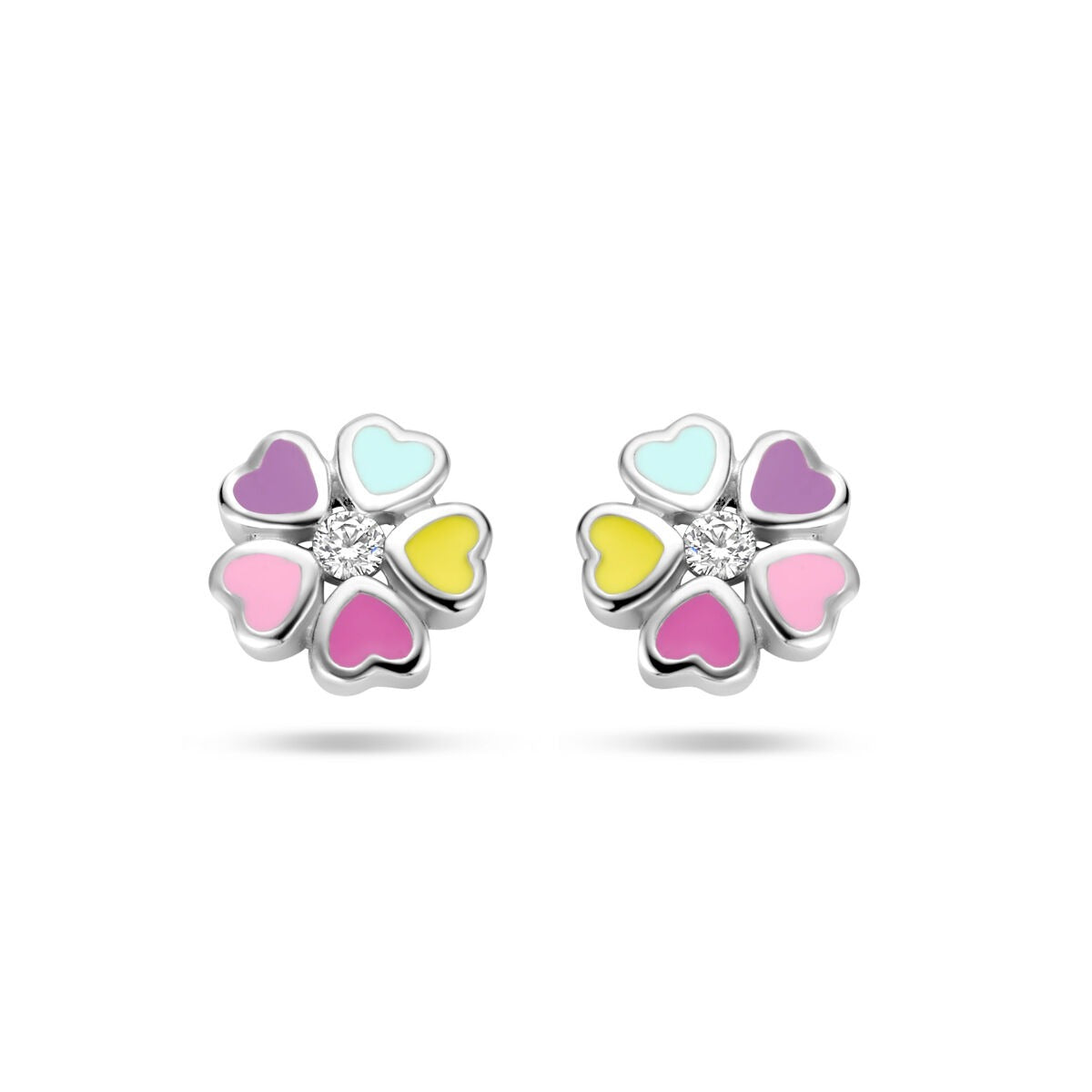Ohrstecker aus rhodiniertem Silber in Blumenform mit bunten Herzen und Zirkonia in der Mitte