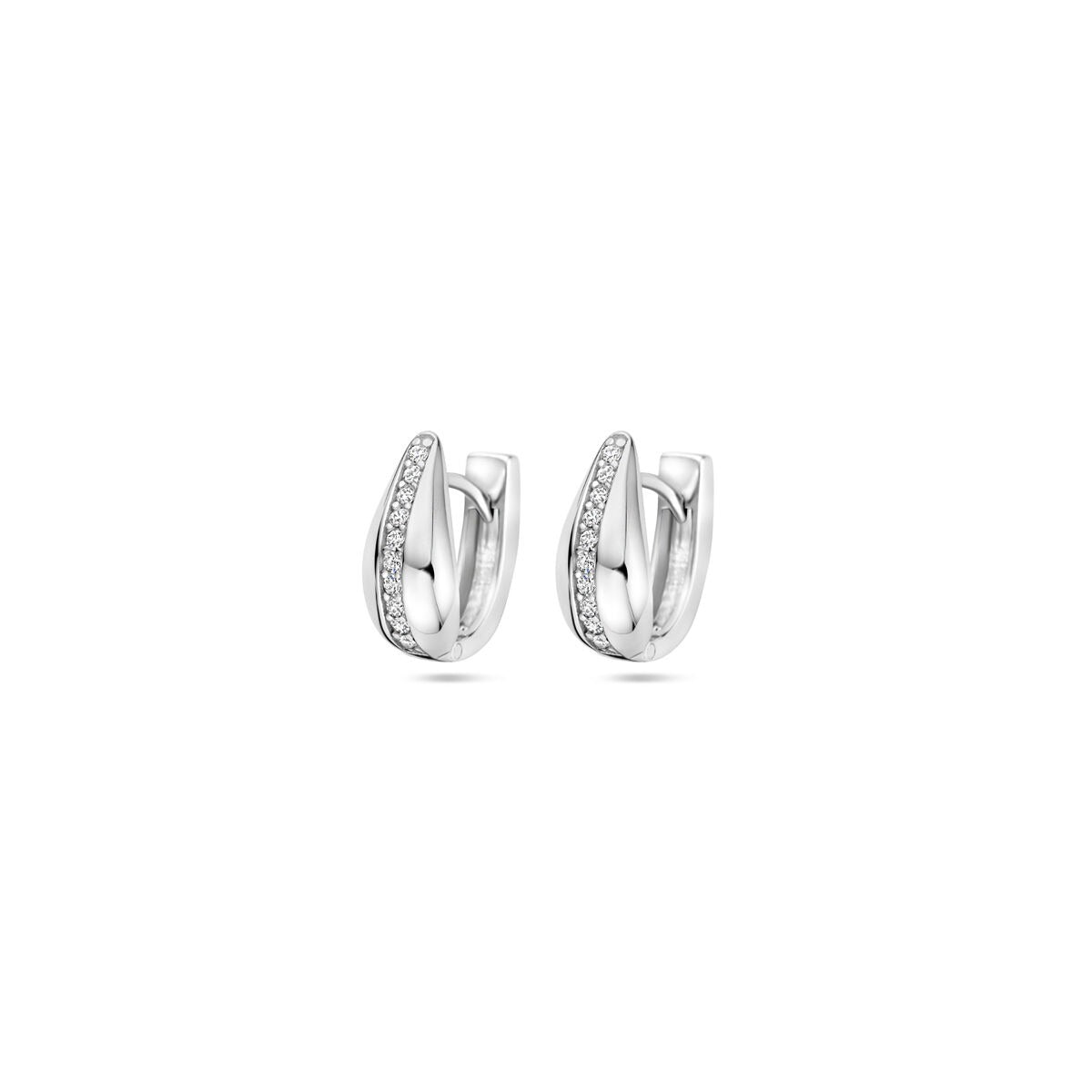 Klapp-Ohrringe aus rhodiniertem Silber mit Zirkonia, glänzende Oberfläche und geschwungene Form