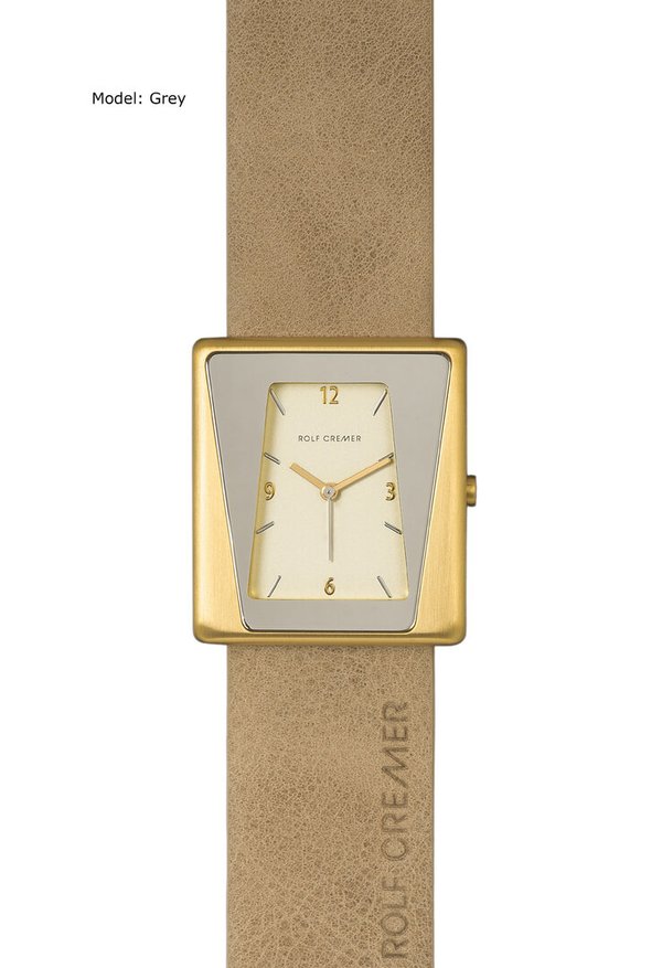 Quarzuhr mit goldfarbenem Gehäuse, beigem Zifferblatt und beigem Lederarmband