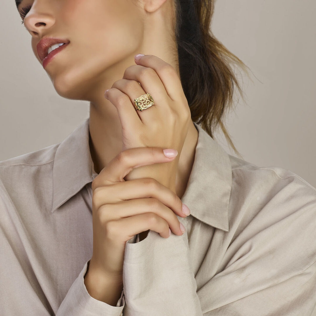 14k Geelgouden ring met groene amethist en diamant