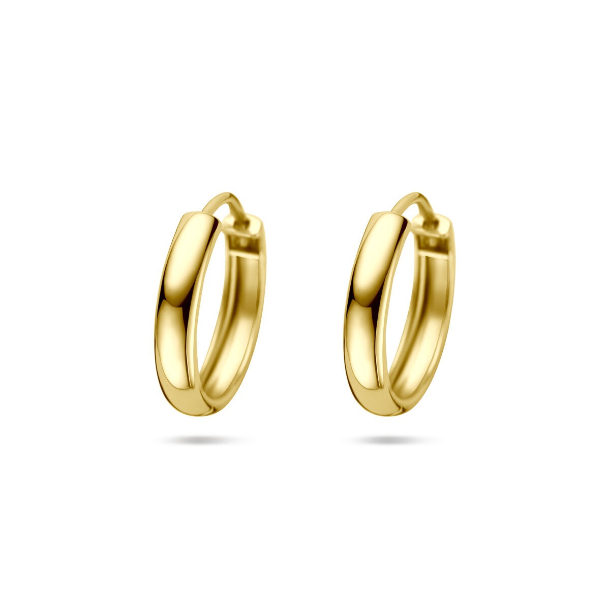Goldene Damenohrringe 14k mit Scharnierverschluss, glänzende Oberfläche und runde Form
