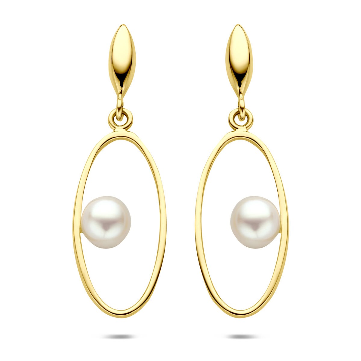14k goldene Ohrhänger mit einer weißen Perle und ovalem Design, 32 mm lang
