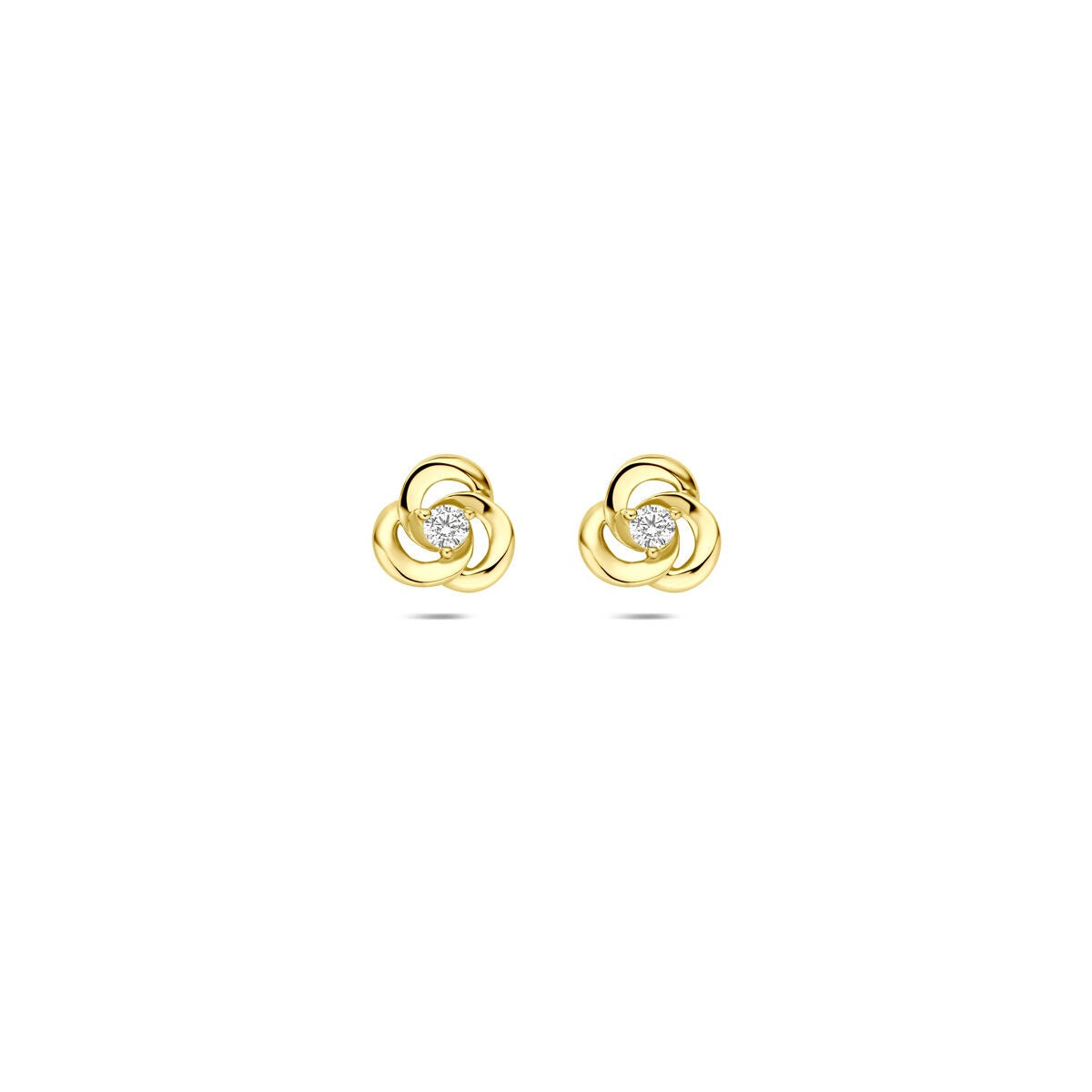 Gelbgoldene Ohrstecker mit Zirkonia in solitärem Setting und geschwungener Form