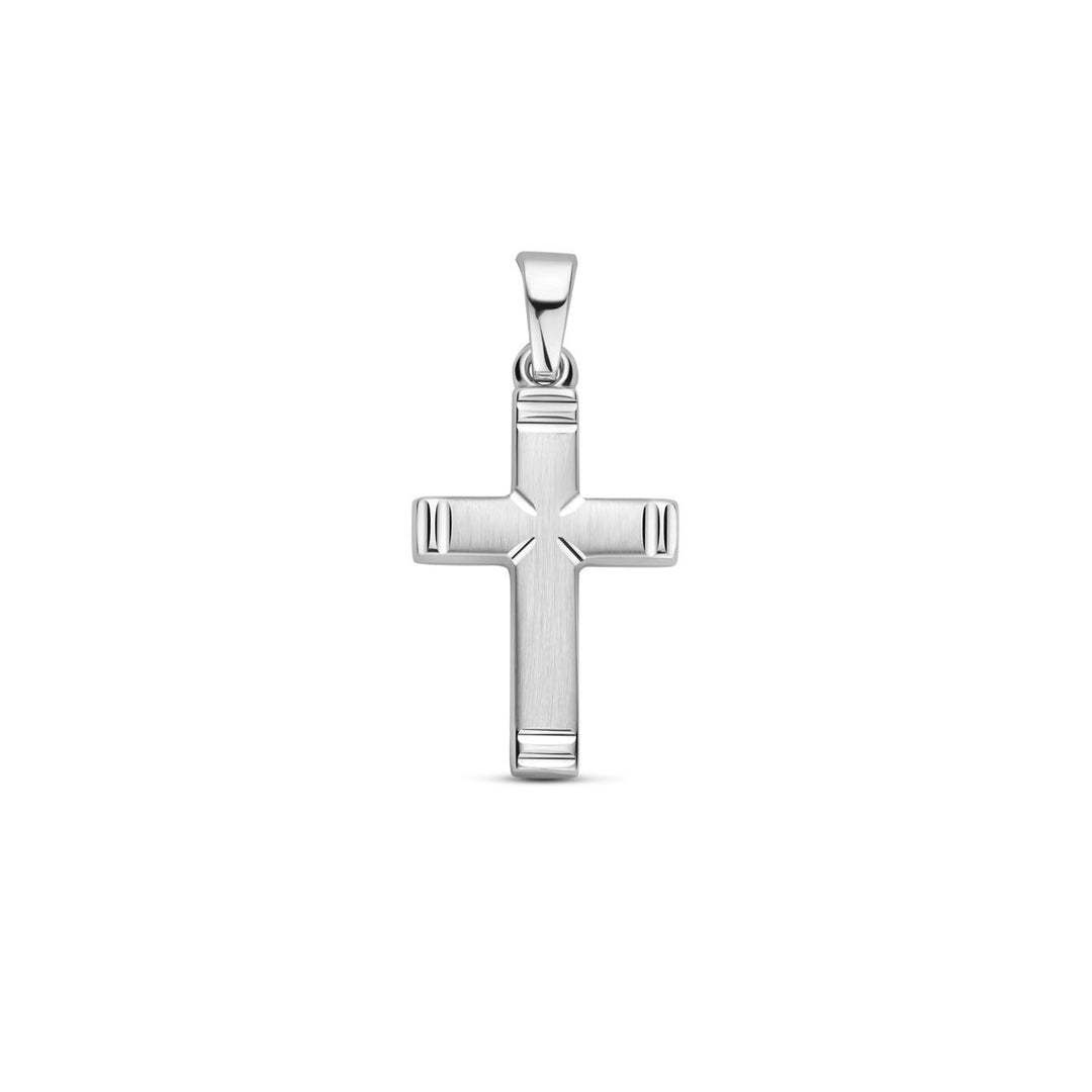 Zilveren kruis hanger – gerhodineerd 925 zilver met matte, gepolijste en gediamanteerde afwerking