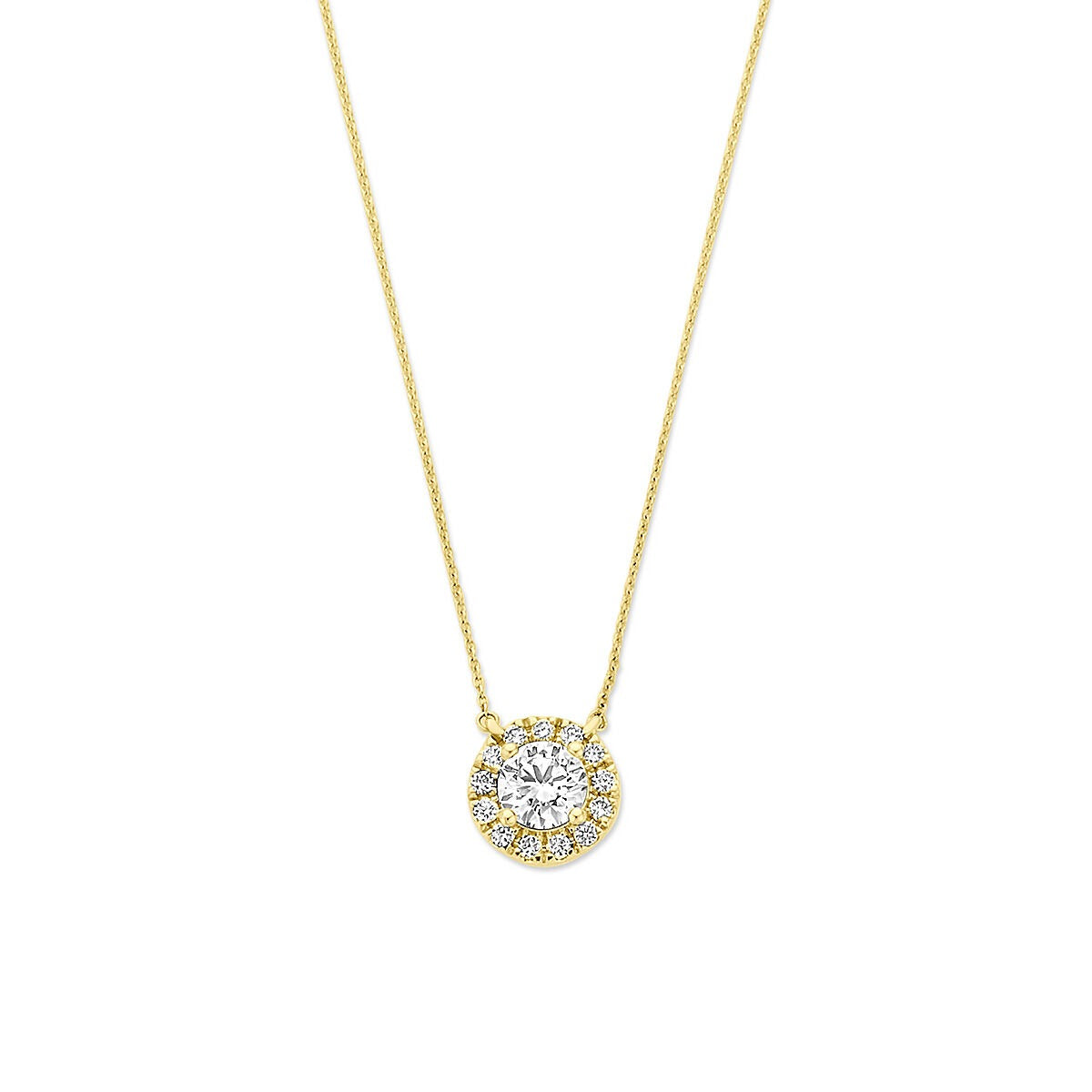14k goldene Kette mit rundem Anhänger und lab-grown Diamant, umgeben von kleinen Steinen