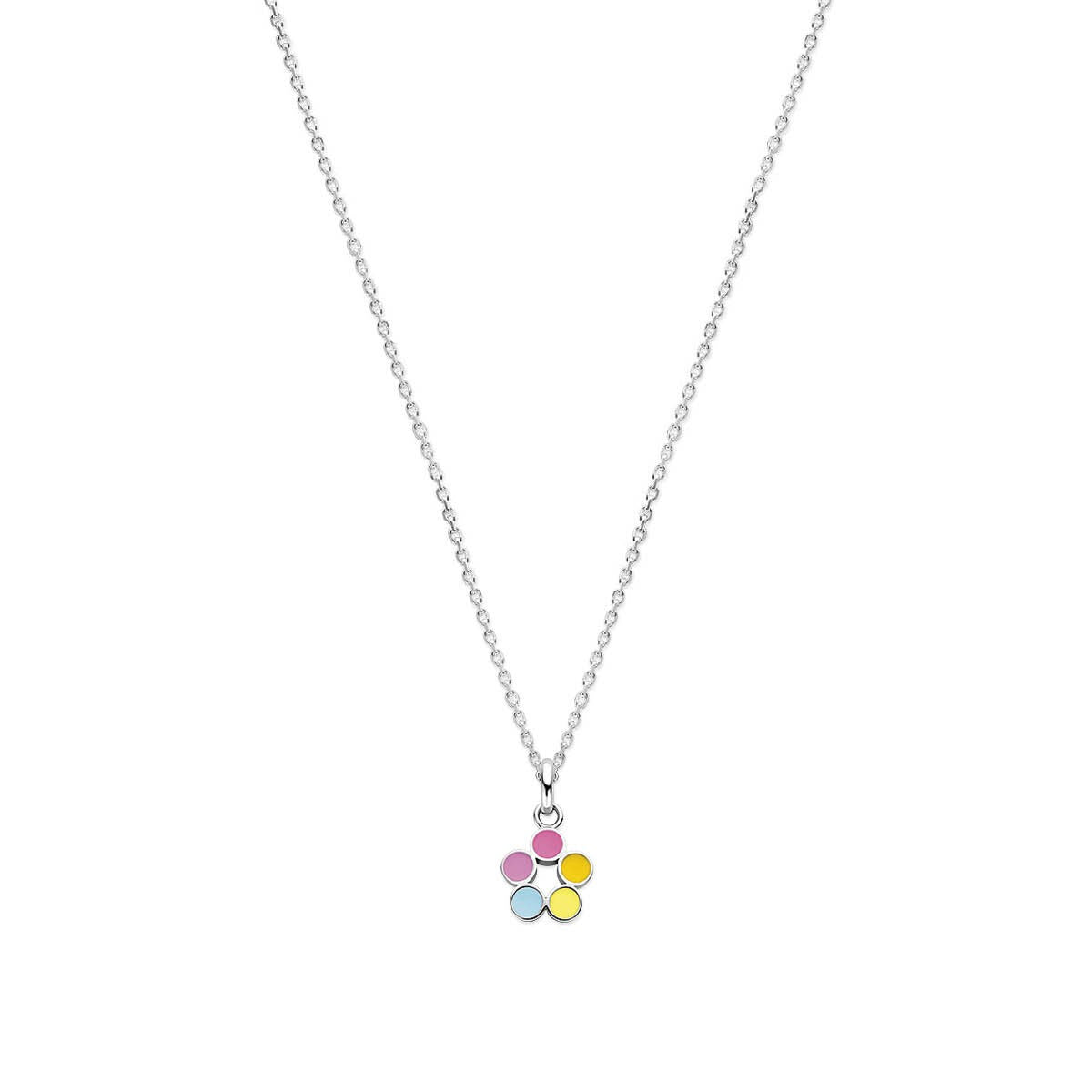 Halskette aus rhodiniertem Silber mit buntem Anhänger in Form einer Blume