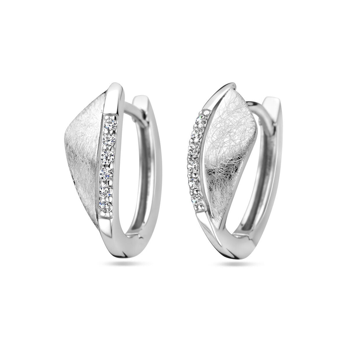 Klapp-Ohrringe aus rhodiniertem Silber mit Zirkonia, geschwungene Form und strukturierte Oberfläche