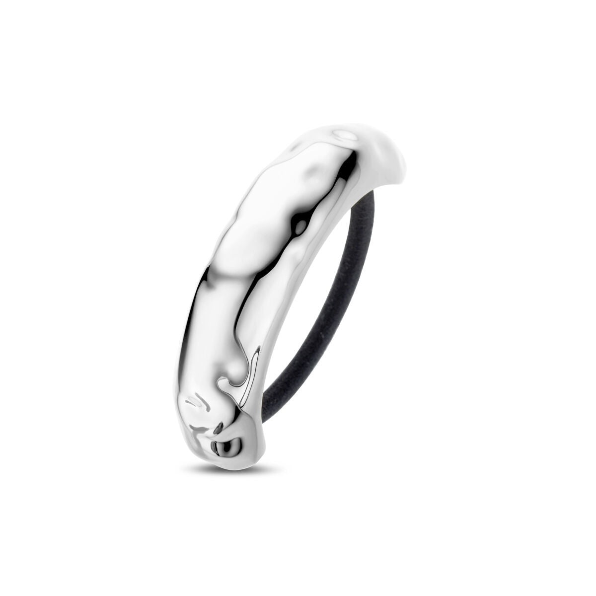 Stahl-Haar-Cuff in Silberfarbe mit glatter, glänzender Oberfläche und schwarzem Gummiband