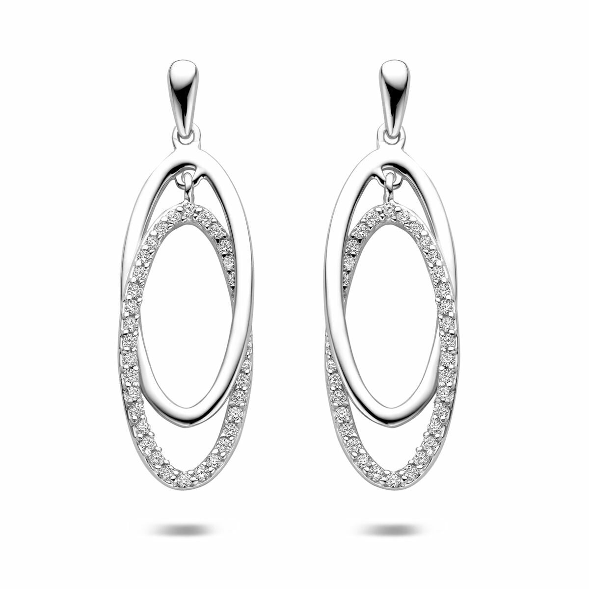 Ovale, rhodinierte Ohrringe aus Silber mit Zirkonia, 35 mm lang