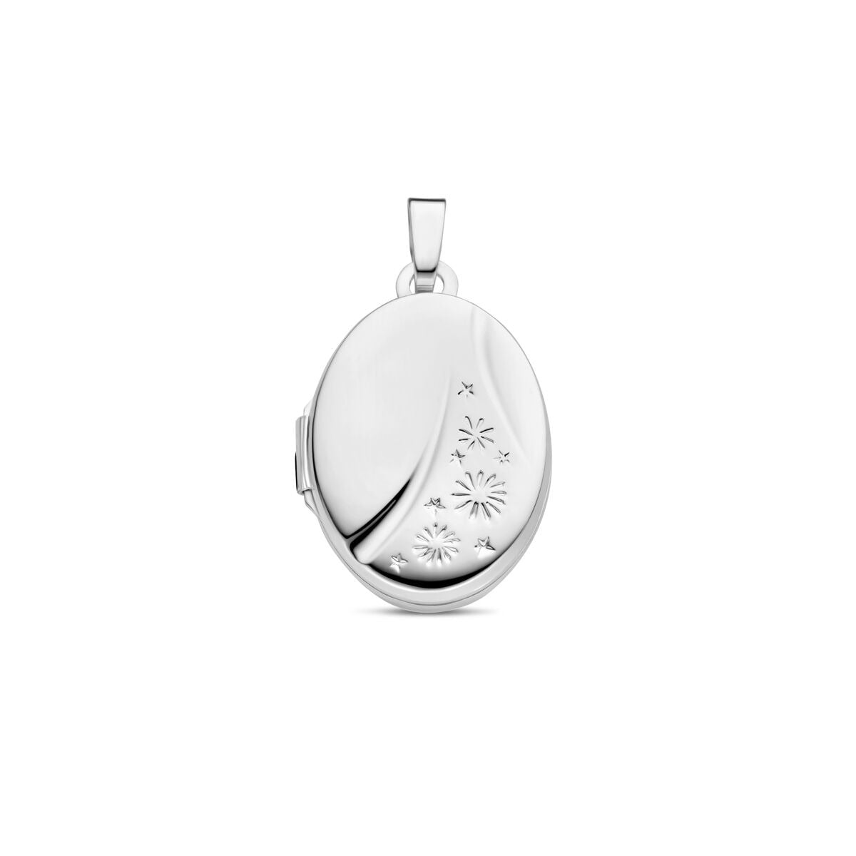 Ovales Medaillon aus rhodiniertem 925 Silber mit floralem Muster und glänzender Oberfläche